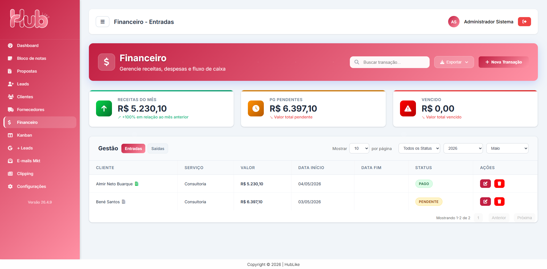 Tela do HubLike CRM